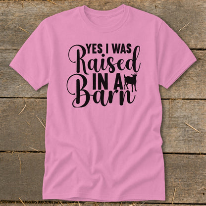 Pink t-shirt with black text "Yes I Was Raised In A Barn" and a goat silhouette.