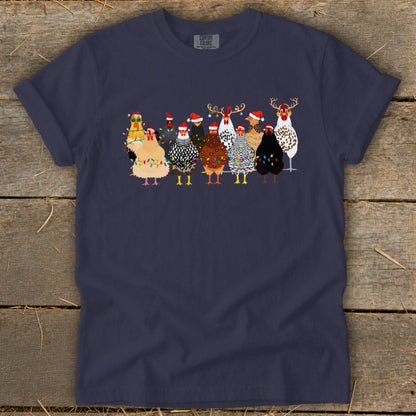 T-shirt with a Christmas-themed print of various chickens wearing Santa hats and decorated with lights.