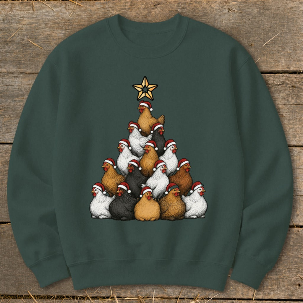 Crewneck sweatshirt with a Christmas tree made of chickens wearing Santa hats.