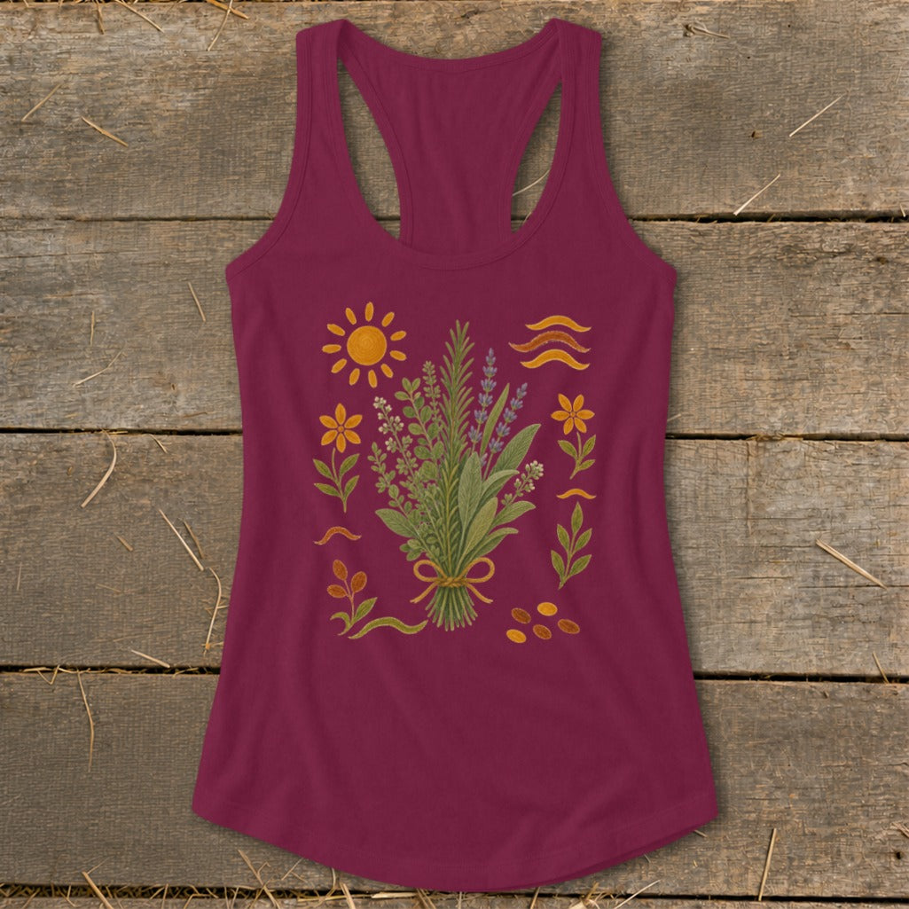 Maroon tank top with a watercolor floral and nature-themed print.