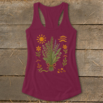 Maroon tank top with a watercolor floral and nature-themed print.