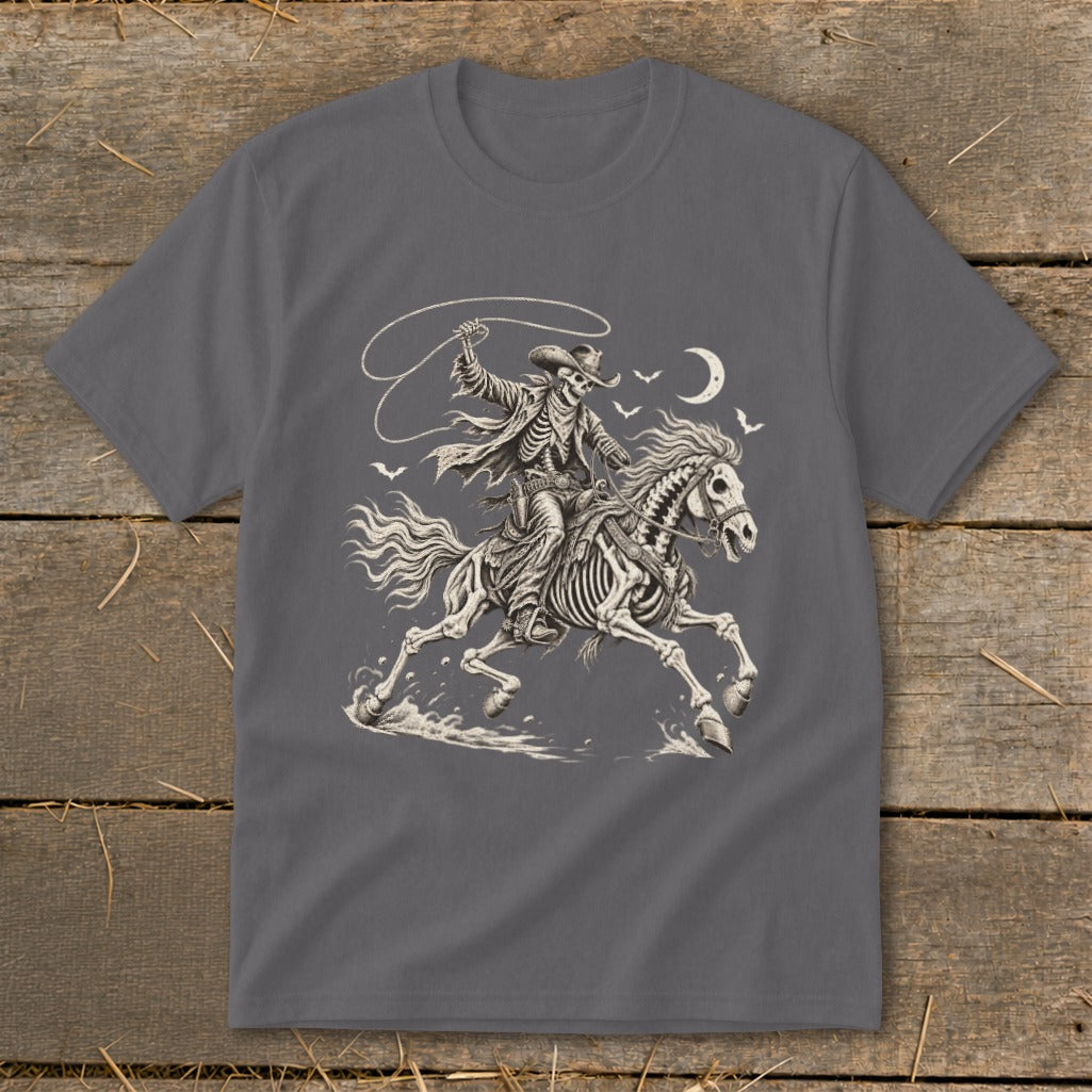 Skeleton cowboy on horseback with lasso under a crescent moon.