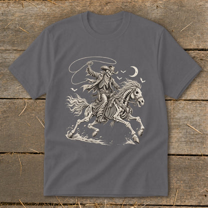 Skeleton cowboy on horseback with lasso under a crescent moon.