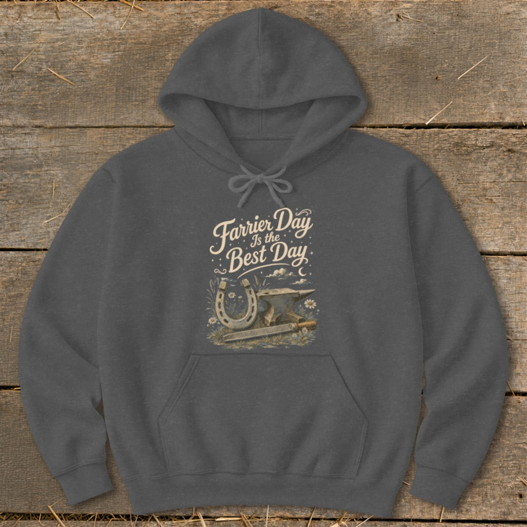 Dark gray hoodie with "Farrier Day Is the Best Day" text and horseshoe design.