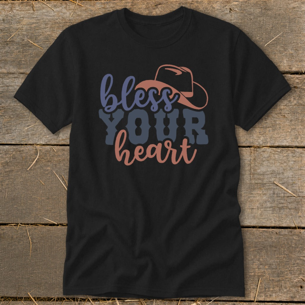 Black t-shirt with "bless YOUR heart" and cowboy hat graphic.