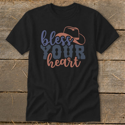Black t-shirt with "bless YOUR heart" and cowboy hat graphic.