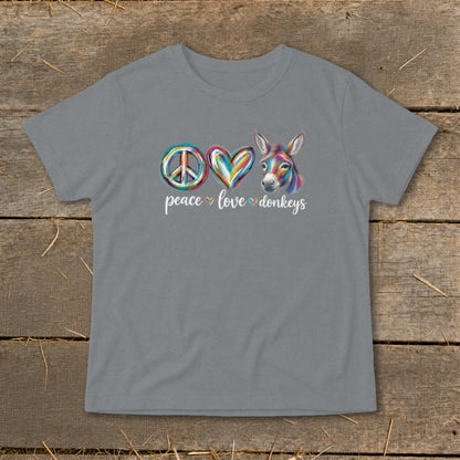 Gray t-shirt with a graphic of a peace sign, heart, and colorful donkey with text.