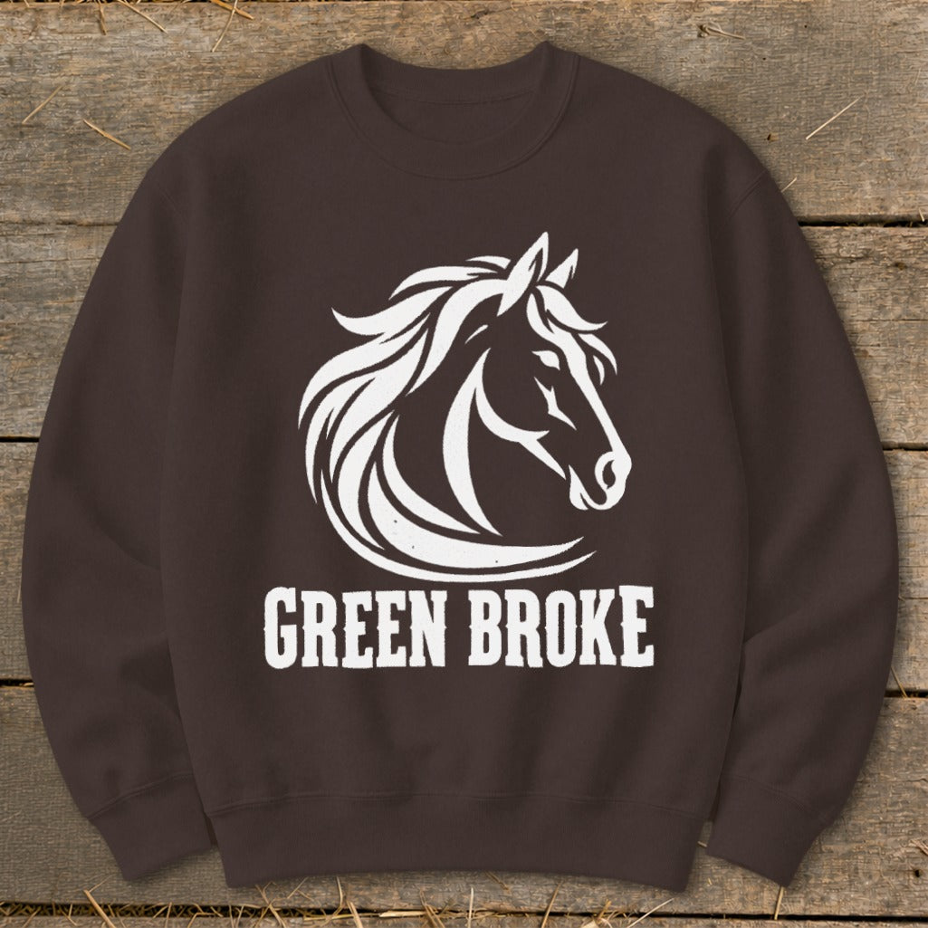 Dark brown crewneck sweatshirt featuring a white stylized horse head graphic and text reading "GREEN BROKE".