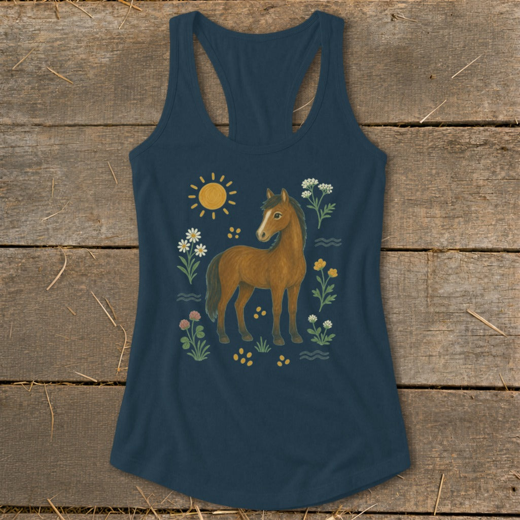 Navy tank top with a brown horse, sun, and wildflowers graphic.