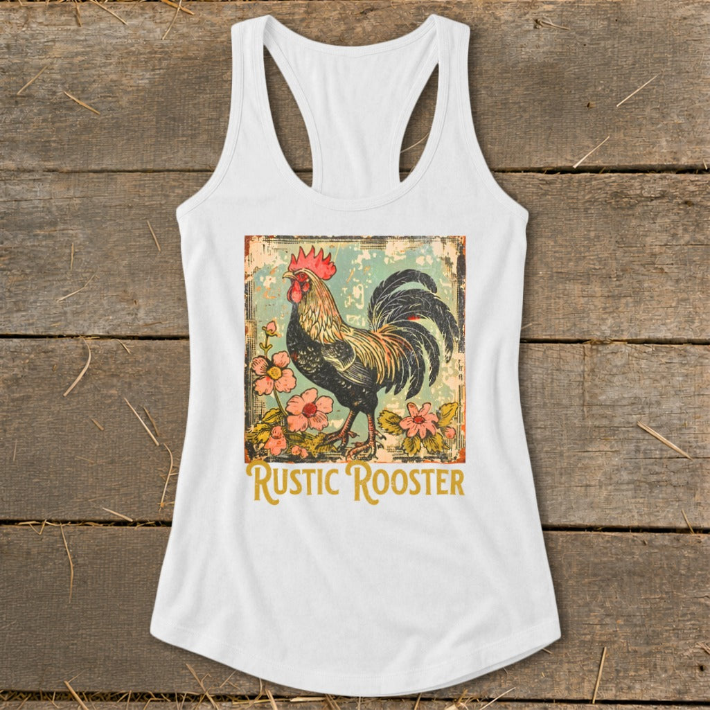 White tank top with vintage rooster and flowers graphic and "RUSTIC ROOSTER" text.