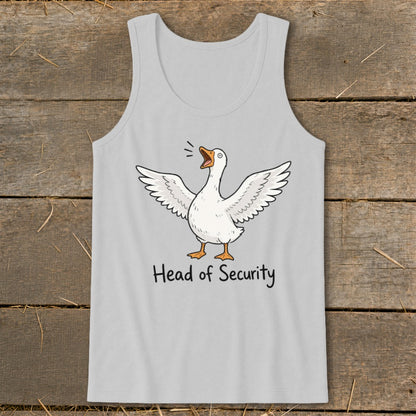 Light gray tank top with cartoon goose and text "Head of Security".