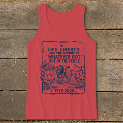 Red tank top with blue graphic of farm animals and text "LIFE, LIBERTY, AND THE PURSUIT OF WHATEVER GOT OUT OF THE FENCE 1776-2026".