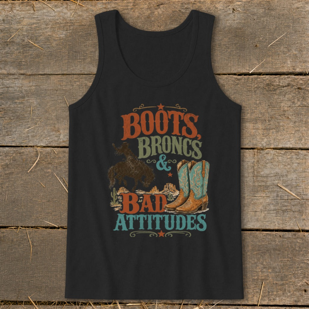 Black tank top with "Boots, Broncs & Bad Attitudes" graphic featuring cowboys and boots.