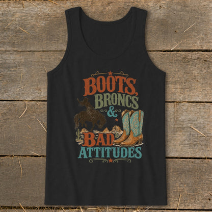 Black tank top with "Boots, Broncs & Bad Attitudes" graphic featuring cowboys and boots.
