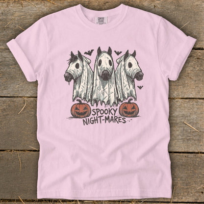 Three horses in ghost costumes with pumpkins and bats, text reads "SPOOKY NIGHT-MARES".