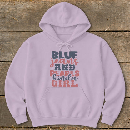 Light purple hoodie with "BLUE jeans AND PEARLS kinda GIRL" text graphic.