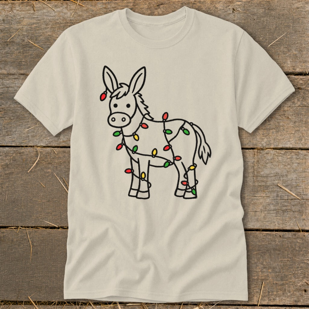 Donkey outline with red, green, and yellow Christmas lights wrapped around its body.