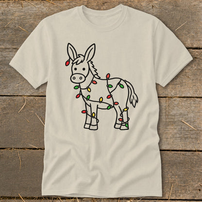 Donkey outline with red, green, and yellow Christmas lights wrapped around its body.
