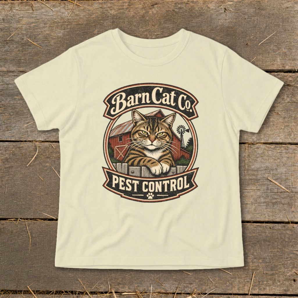 Cream-colored t-shirt with a vintage graphic of a tabby cat and the text Barn Cat Co Pest Control.