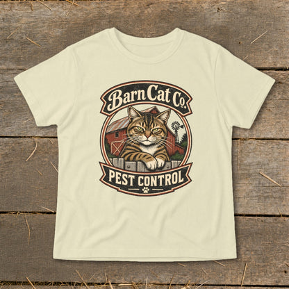 Cream-colored t-shirt with a vintage graphic of a tabby cat and the text Barn Cat Co Pest Control.