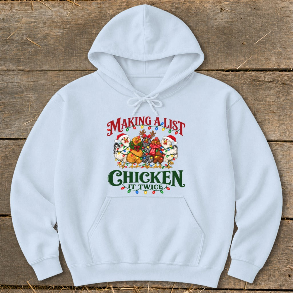 Light blue hoodie with Christmas chickens and text "MAKING A LIST CHICKEN IT TWICE".