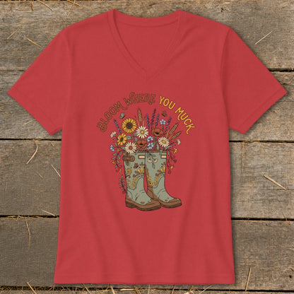 Red t-shirt with floral boots and "Bloom Where You Muck" text.