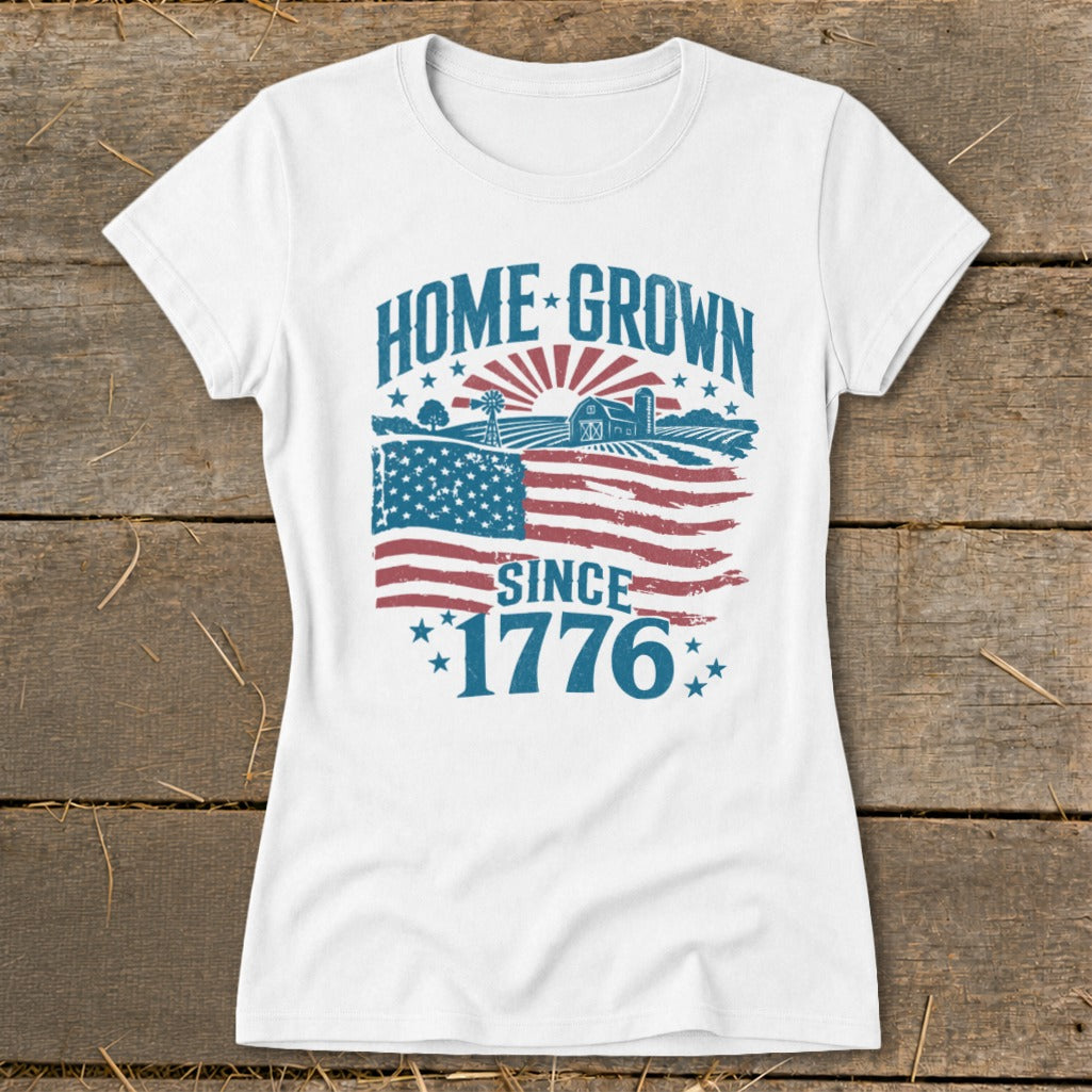 White t-shirt with "HOME GROWN SINCE 1776" text and distressed American flag farm graphic.