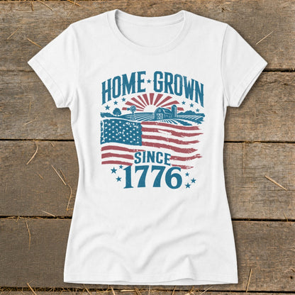 White t-shirt with "HOME GROWN SINCE 1776" text and distressed American flag farm graphic.