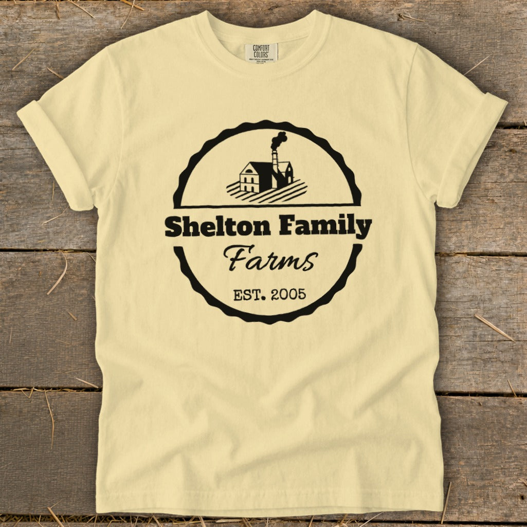 Light yellow t-shirt with Shelton Family Farms logo and EST. 2005.