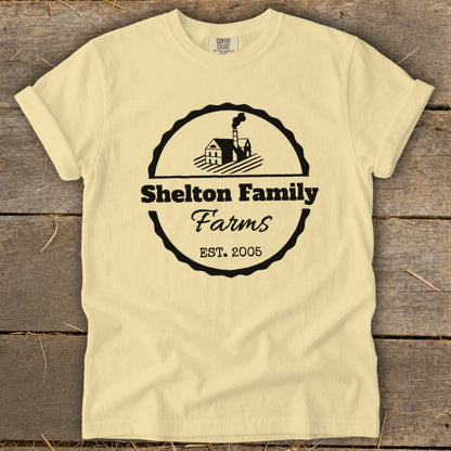 Light yellow t-shirt with Shelton Family Farms logo and EST. 2005.