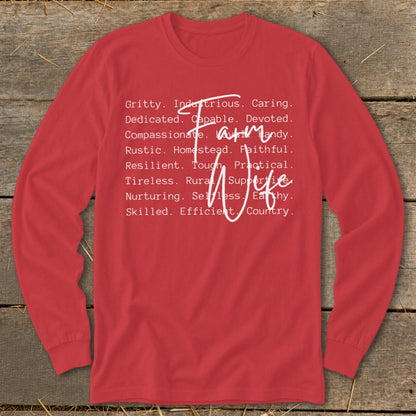 Red long-sleeve shirt with "Farm Wife" and descriptive words in white text.