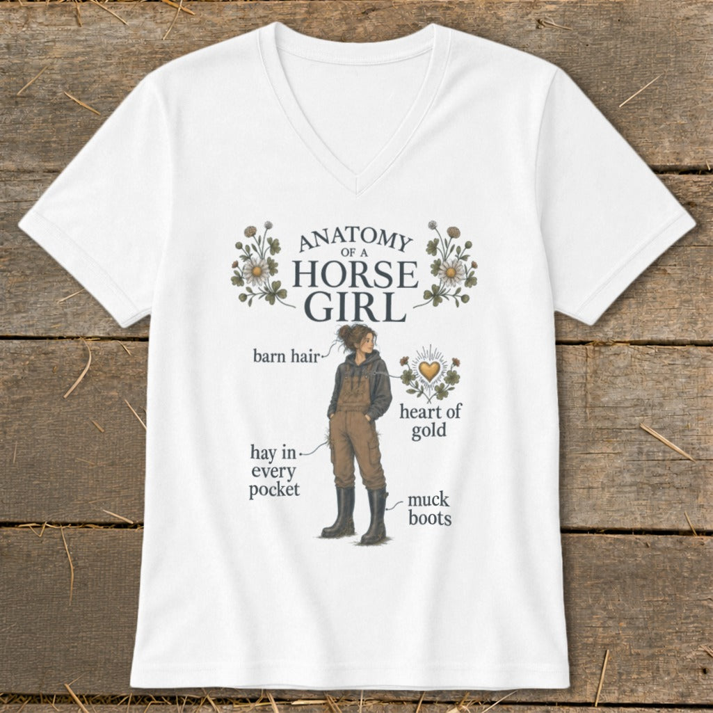 White t-shirt with "Anatomy of a Horse Girl" graphic and humorous labels.