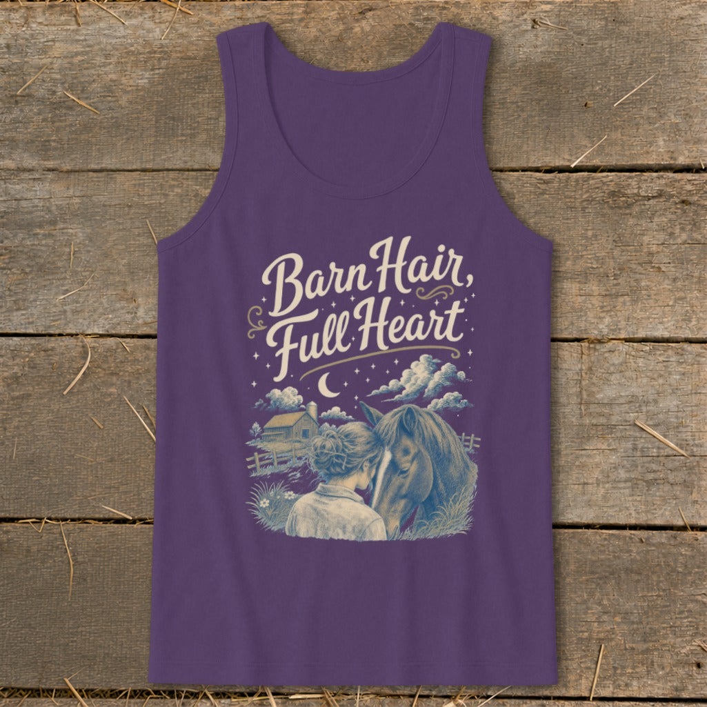 Purple tank top with "Barn Hair, Full Heart" graphic featuring a girl and a horse.