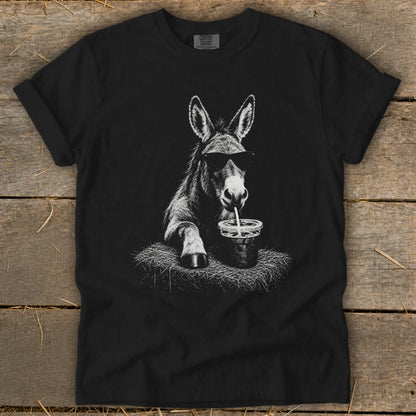 Black t-shirt with a donkey wearing sunglasses drinking from a cup.