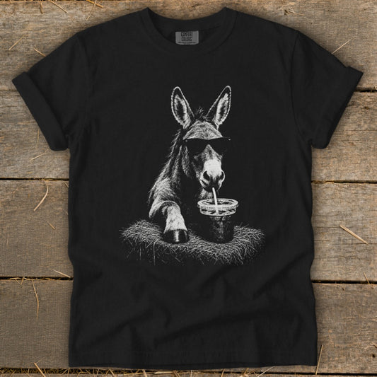 Black t-shirt with a donkey wearing sunglasses drinking from a cup.