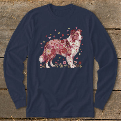 Long sleeve navy t-shirt with a dog covered in flowers and hearts.
