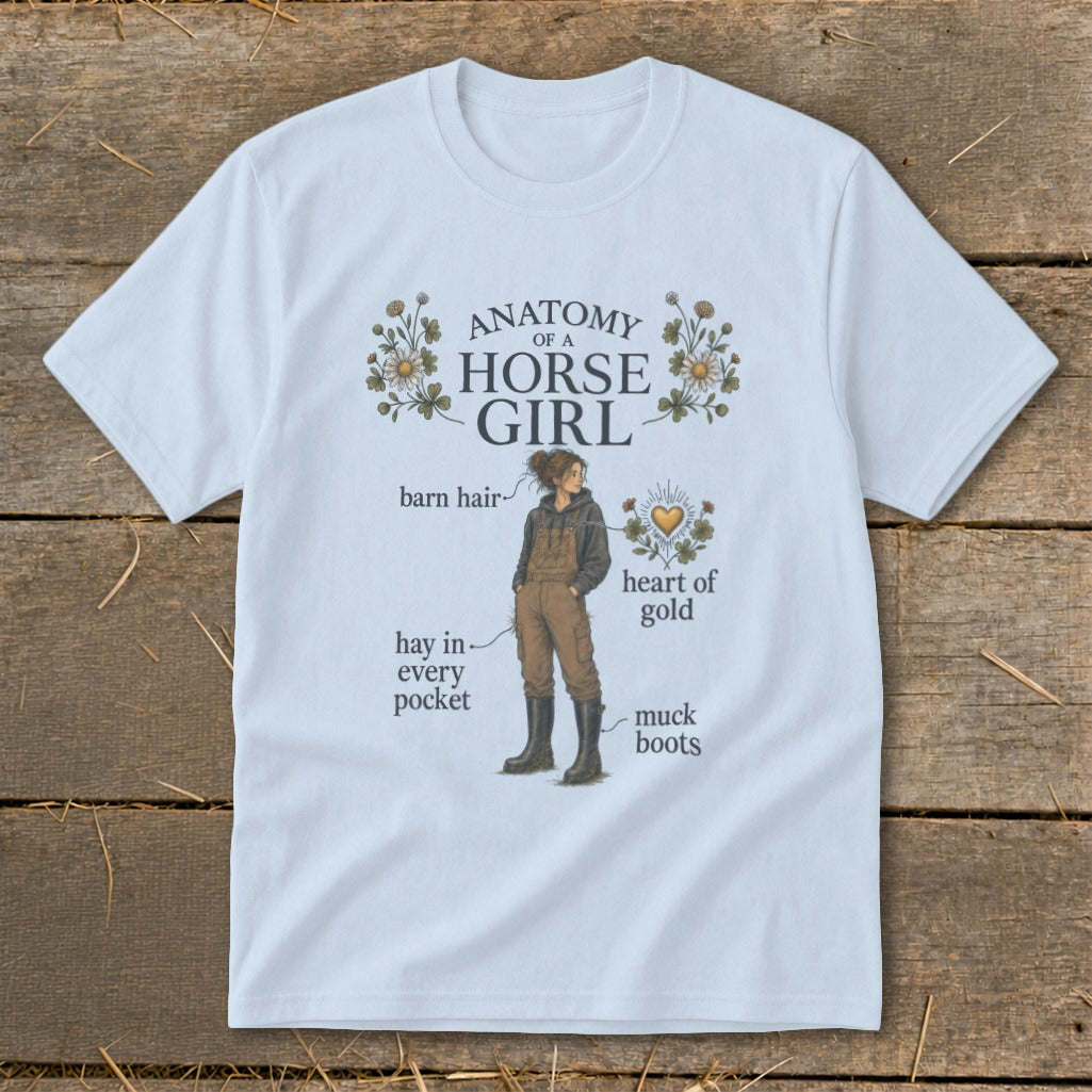 Light blue t-shirt with "Anatomy of a Horse Girl" graphic.