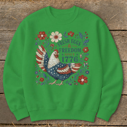 Chicken with American flag wings and "Fresh Eggs & Freedom Since 1776" text.