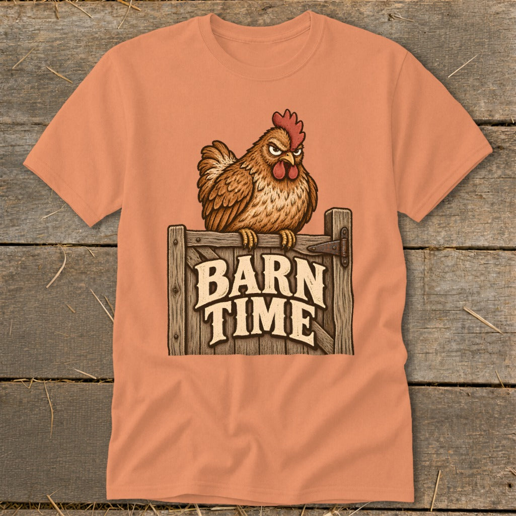 T-shirt with illustration of a grumpy chicken on a fence with "BARN TIME" text.