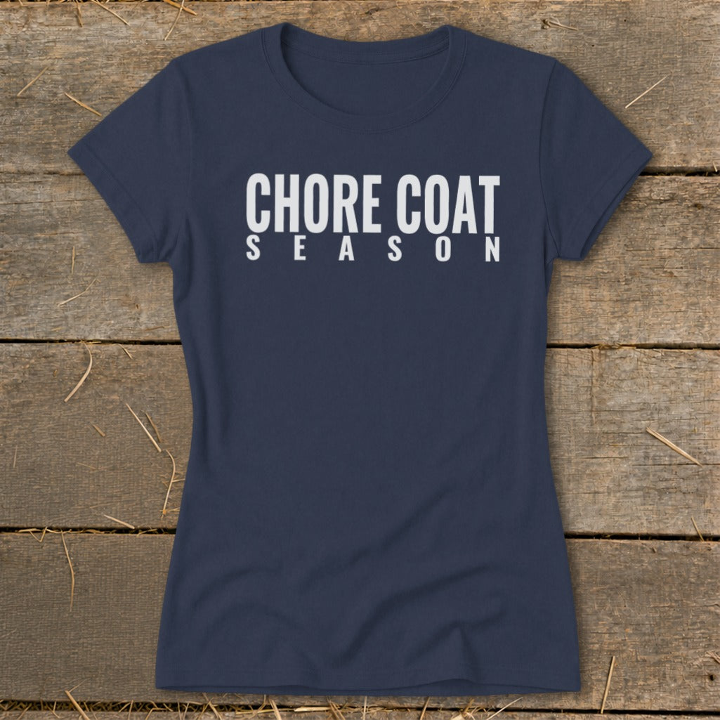 Navy t-shirt with "CHORE COAT SEASON" printed in white block letters.