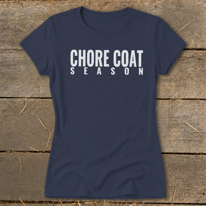 Navy t-shirt with "CHORE COAT SEASON" printed in white block letters.