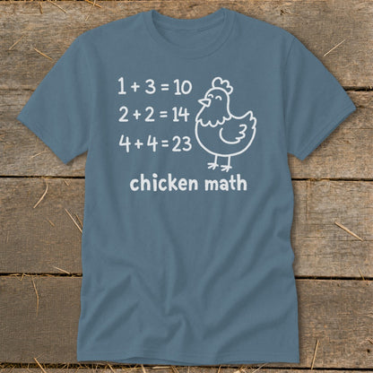 Blue t-shirt with chicken math equations and a chicken illustration.