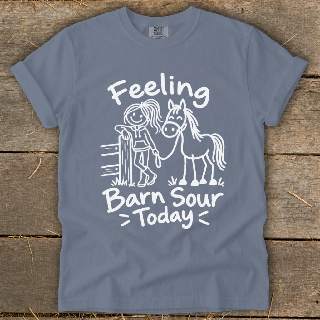 Gray t-shirt with white graphic of a girl leaning on a fence next to a horse, text reads "Feeling Barn Sour Today."