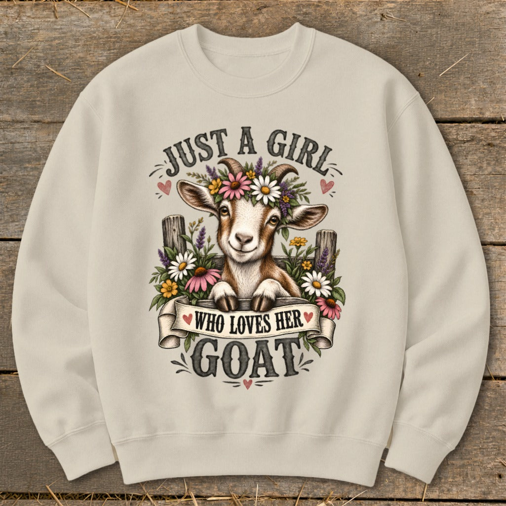 Crewneck sweatshirt with a goat wearing a flower crown and text.