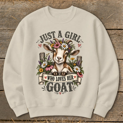 Crewneck sweatshirt with a goat wearing a flower crown and text.