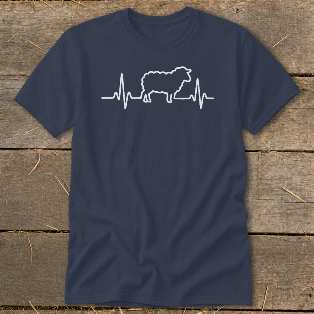 Dark blue short-sleeve t-shirt with a white graphic of a sheep integrated into a heartbeat line.