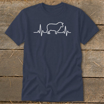 Dark blue short-sleeve t-shirt with a white graphic of a sheep integrated into a heartbeat line.