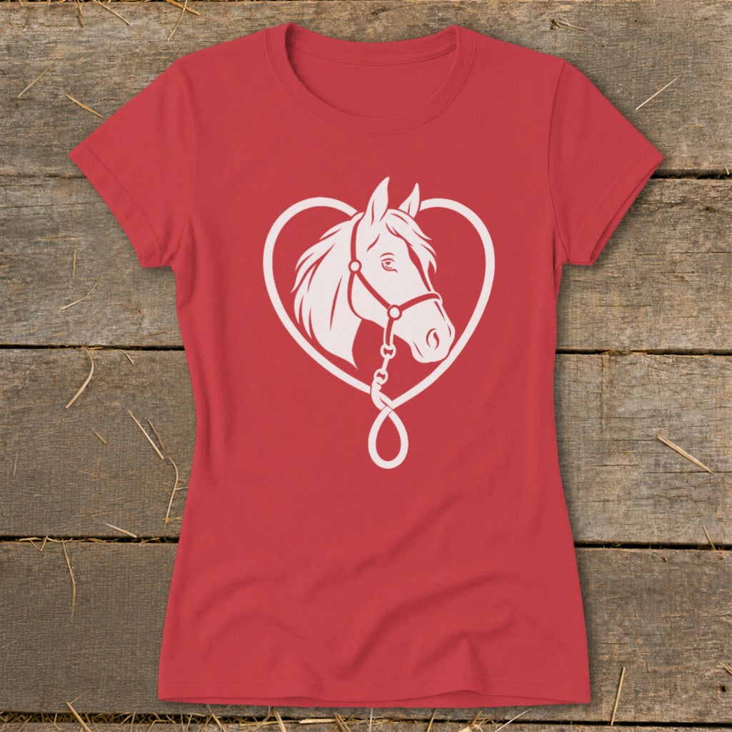Red women's t-shirt featuring a white graphic of a horse head inside a heart outline.