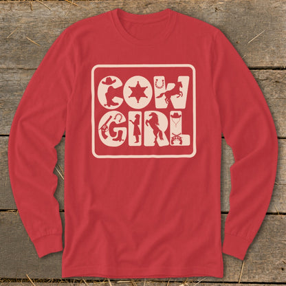 Red long-sleeve t-shirt with "COW GIRL" design featuring western icons.