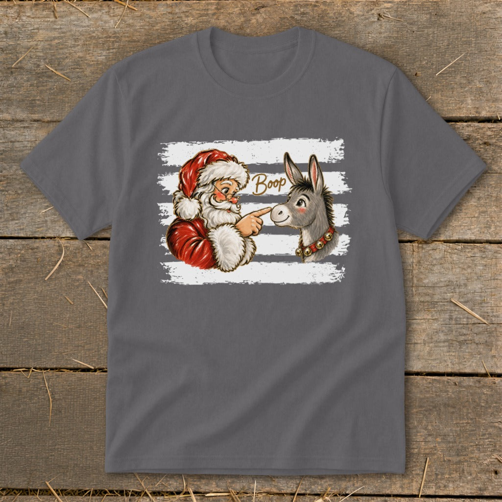 Santa boops a donkey's nose with the word "Boop" above.